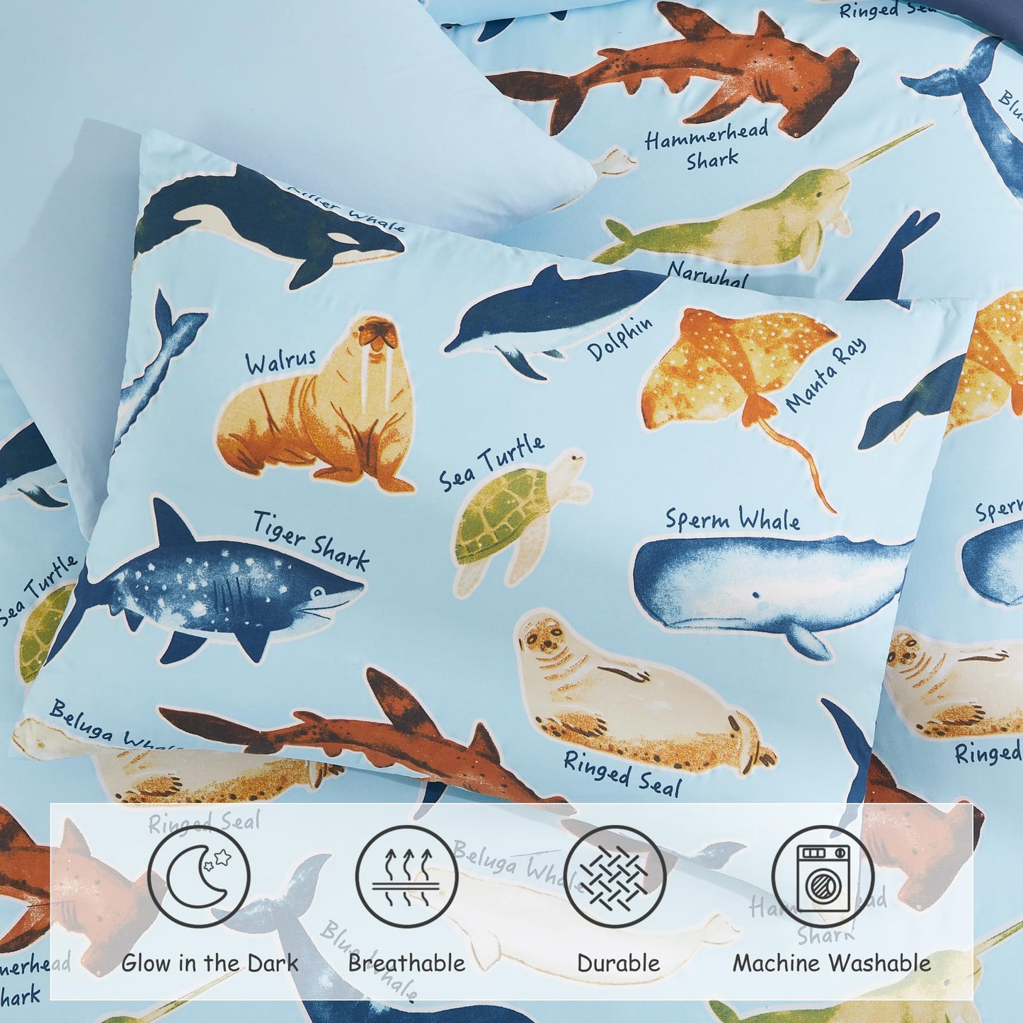 Wink Deer Full Size Comforter Set for Boys-7 Pieces Ocean Animals Glow in the Dark Full Bedding Sets for Kids, Ultra Soft Bed in A Bag with Sheets