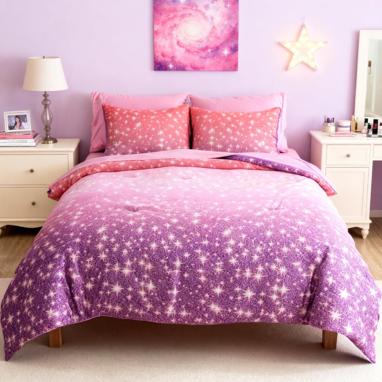 Kaleido Space Twin Comforter Set for Girls, Kids - 5 Pieces Purple Galaxy Patterns Twin Bedding Sets for Girls Boys Teen, Soft Cozy Bed in A Bag with Sheets