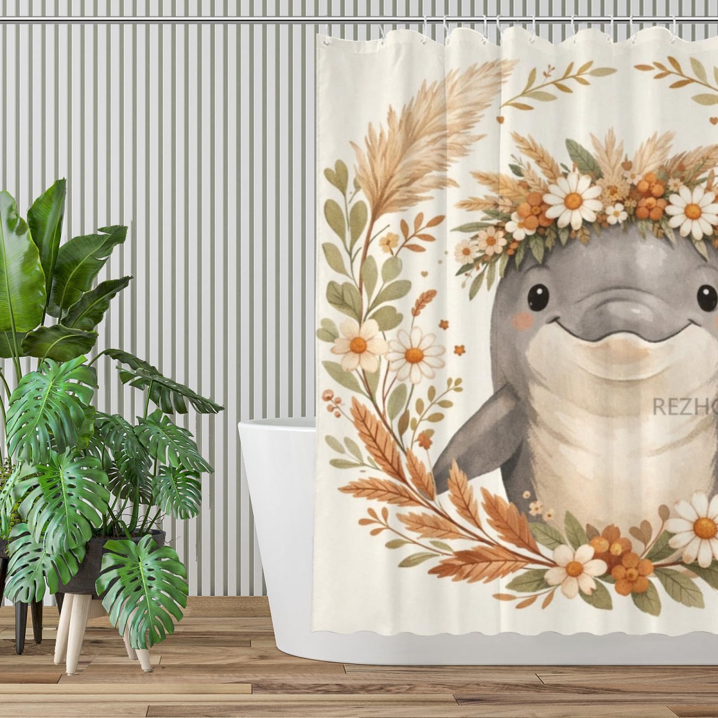 REZHOCH Boho Funny Dolphin Shower Curtain 72x72Inch,Floral Cute Animal Home Bathroom Decor,Bohemian Wildlife Flower Crown,Rustic Farm Nature Neutral Beige Bath Set with Hooks
