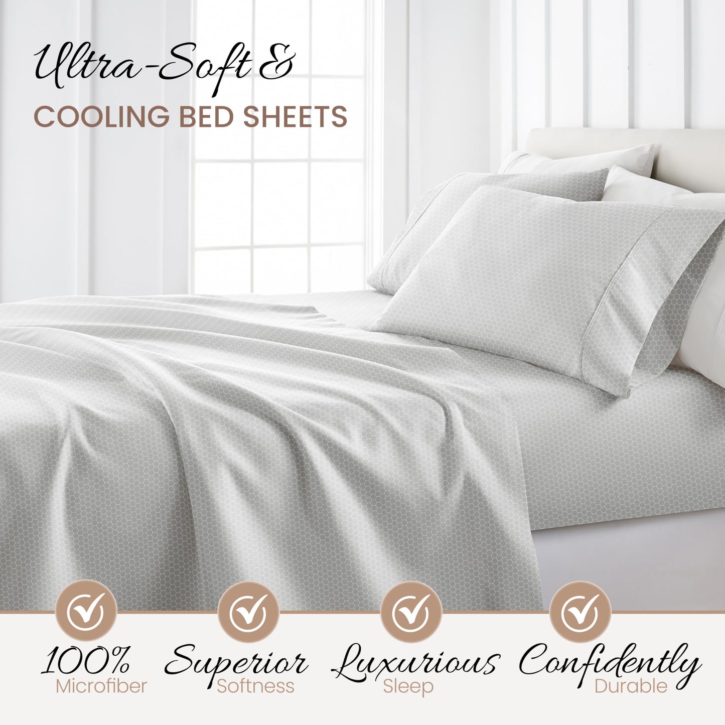 Linen Market 4 Piece King Sheet Set - Breathable, Double-Brushed Patterned Cooling Sheets – Oeko-TEX Certified Ultra Soft & Wrinkle-Free 16" Deep-Pocket King Sheets - Easy Care Honeycomb Light Gray