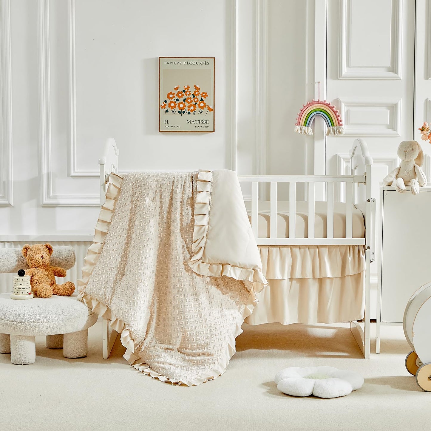 3 Pieces Tufted Crib Bedding Set with Ruffle Fringe, Beige Ruffled Comforter with Fitted Sheet and Bed Skirt , Soft and Embroidery Shabby Chic Boho Bohemian Jacquard Design for Baby Girls Boys