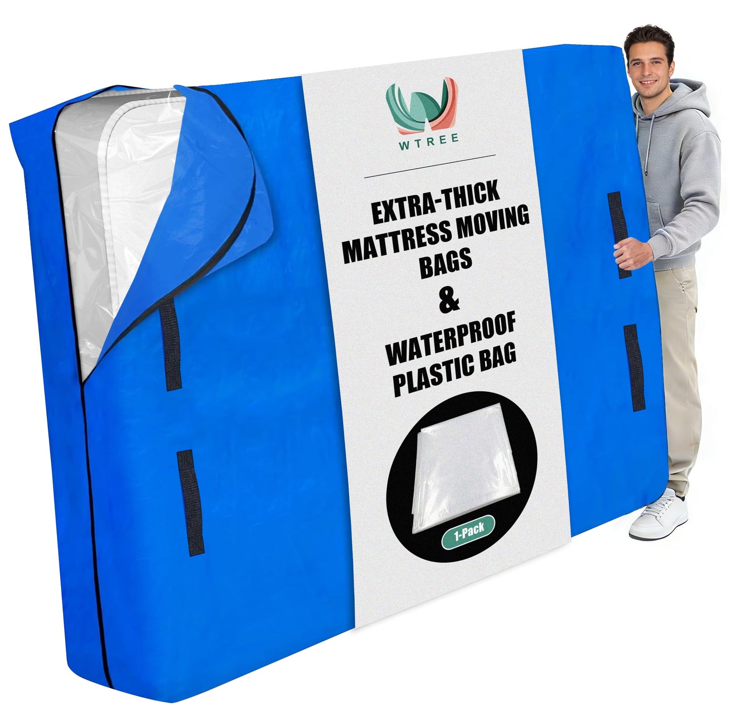 WTREE Double Shield Mattress Bag for Moving and Storage, 8 Reinforced Handles Mattress Cover with Internal Clear Mattress Protector, 170GSM Heavy Duty Tarp Mattress Mover Tool, Queen