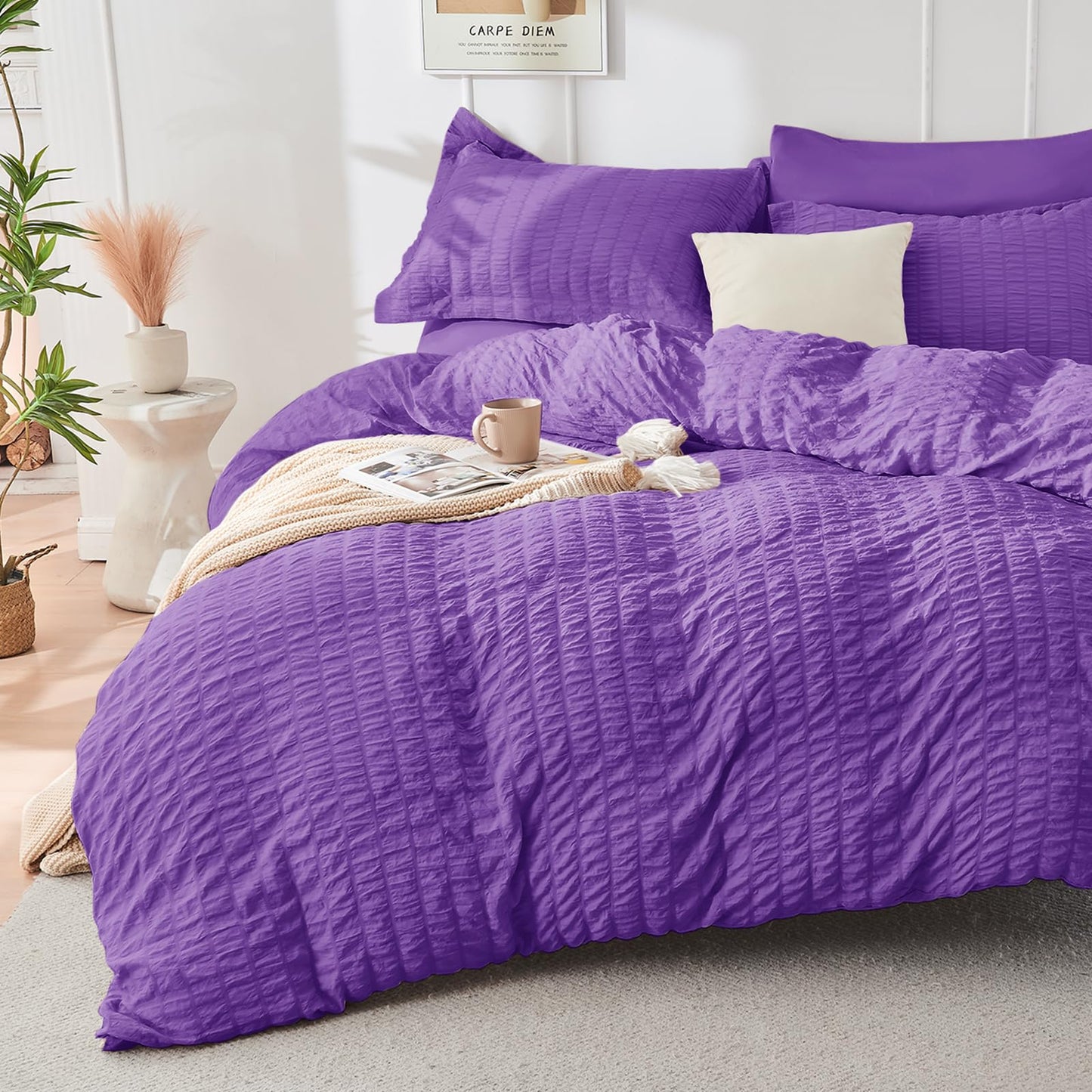 HYMOKEGE Bright Purple Twin Comforter Set Seersucker 5 Pieces, All Season Luxury Bed in a Bag for Bedroom, Bedding Set with Comforter, Sheets, Pillowcase & Sham