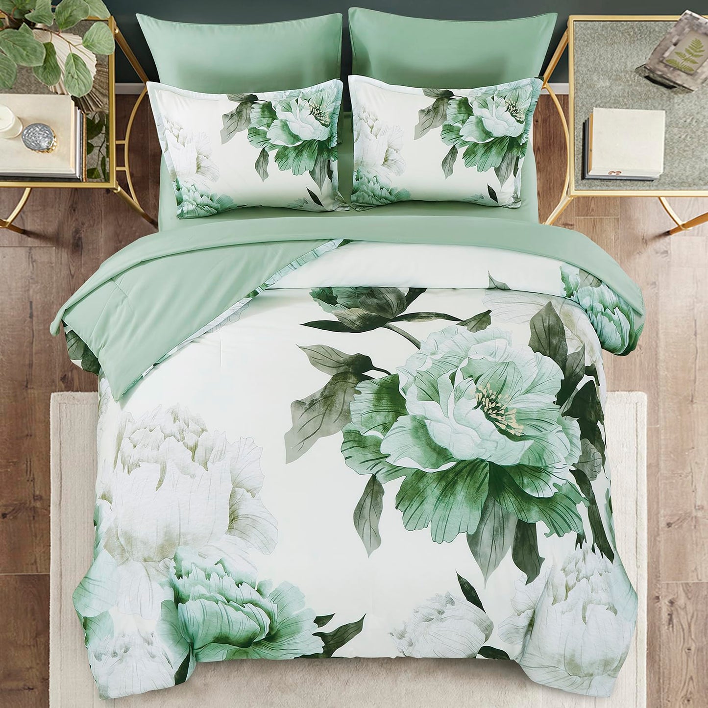Dobuyly Green Queen Comforter Set 7 Piece Bed in a Bag Queen, Sage Green Floral Printed Comforter Set with Sheets, Soft Microfiber Botanical Flower Complete Bedding Set for All Season
