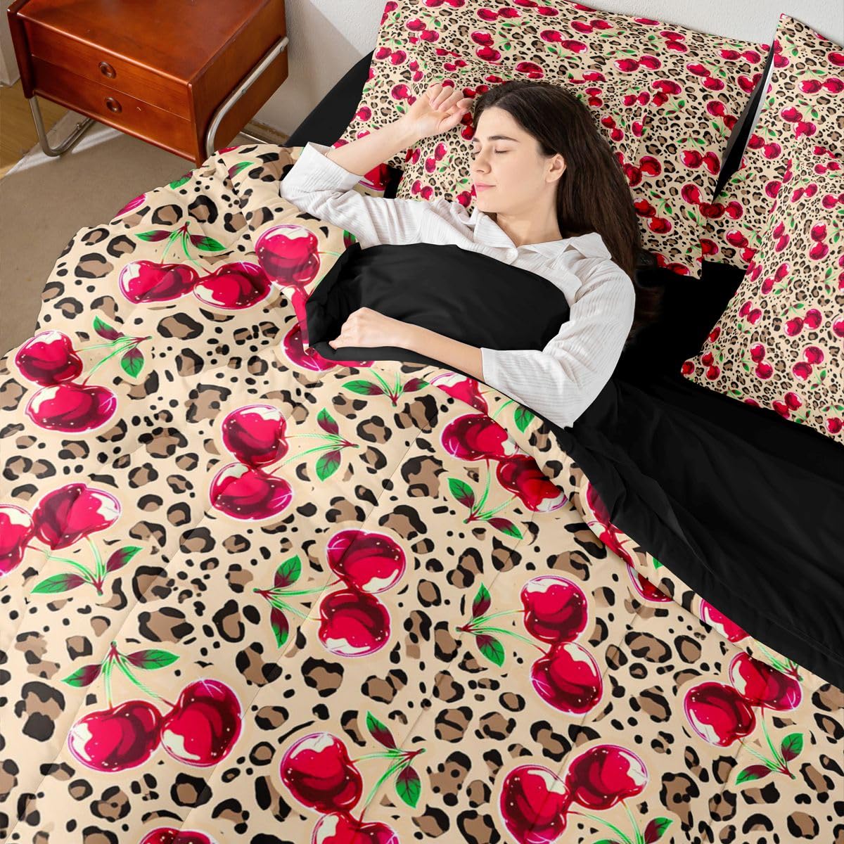 Erosebridal Cute Red Cherry Twin Size Bedding Set Y2K Retro Leopard Print 7 Pieces Comforter Set with Sheets for Women Girl Sweet Fruit Bed in a Bag Chic Animal Print Bed Sets