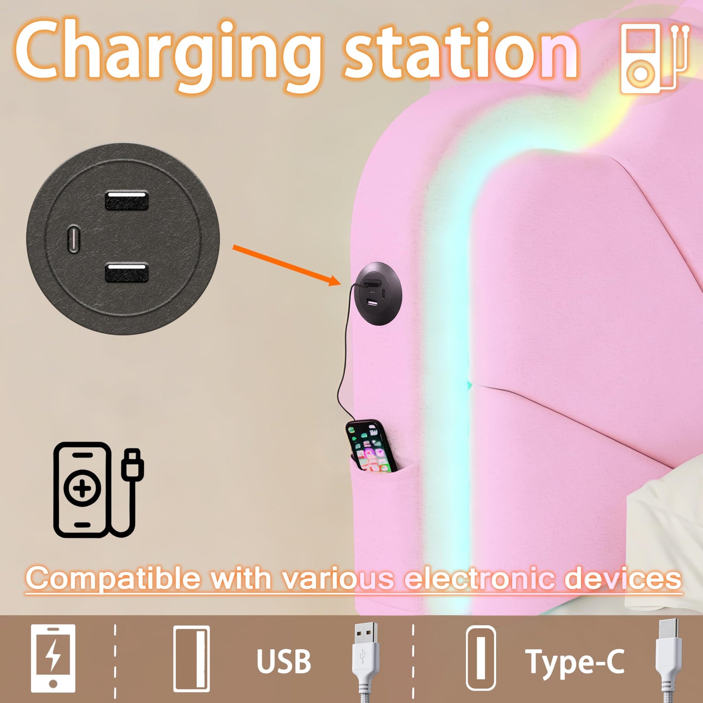 BIOEVER Queen Upholstered Children’s Bed with Storage Drawers,Charging Station & LED Lighting,Teddy Velvet,Quiet Support,Easy Assembly,Pink