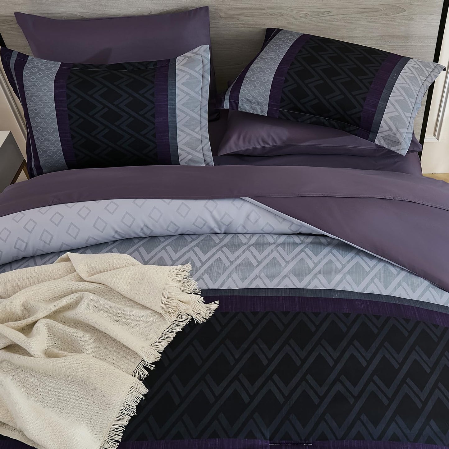 Cottolester Queen Comforter Set 7 Pieces,Black Purple Boho Striped Bed in a Bag,Soft Microfiber Complete Bedding Sets