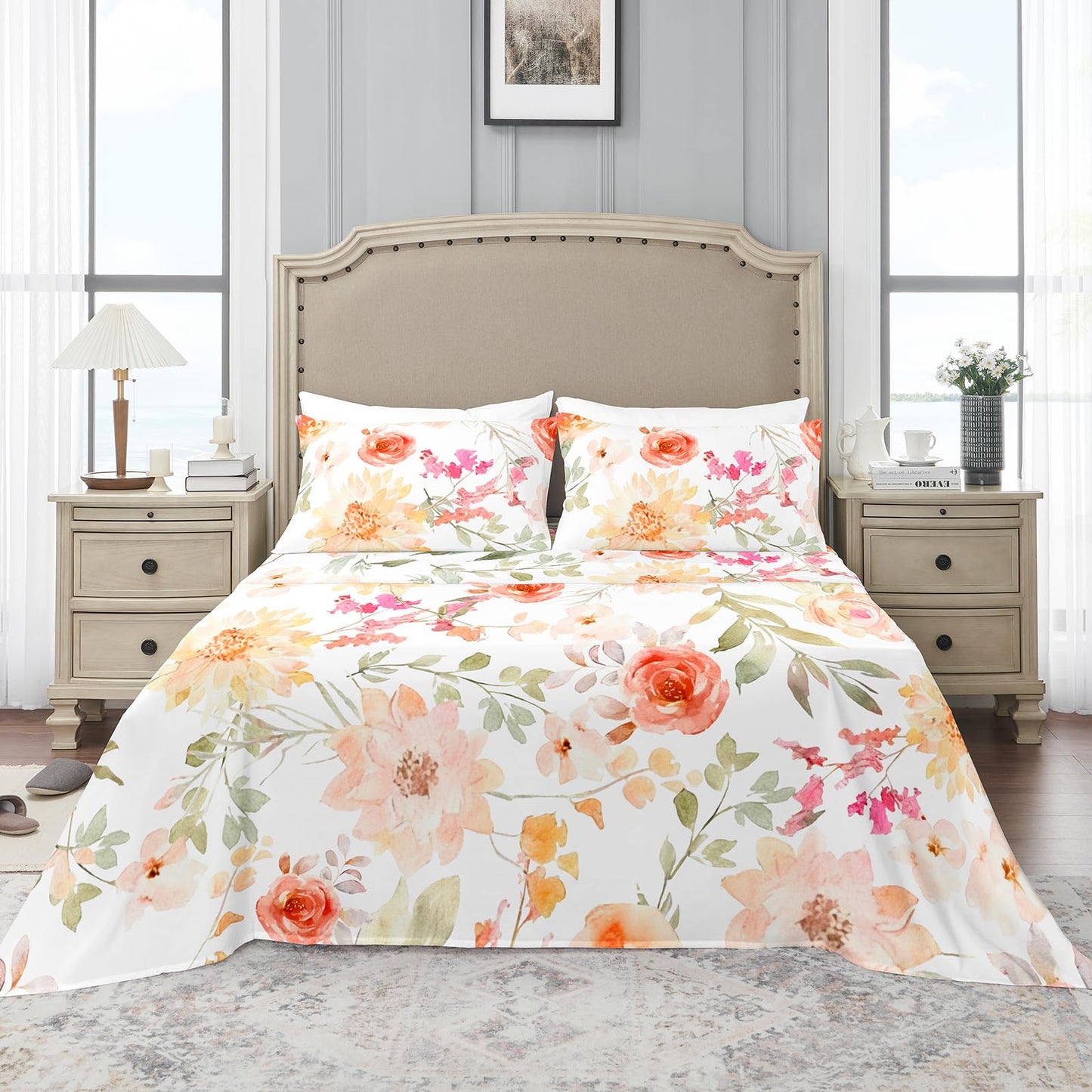 YIYEA Floral Sheets King Size, Premium Double Brushed Microfiber Bed Sheet Set for All Season, Soft Breathable, 16" Deep Pocket, Shrinkage and Fade Resistant, 4PC, King