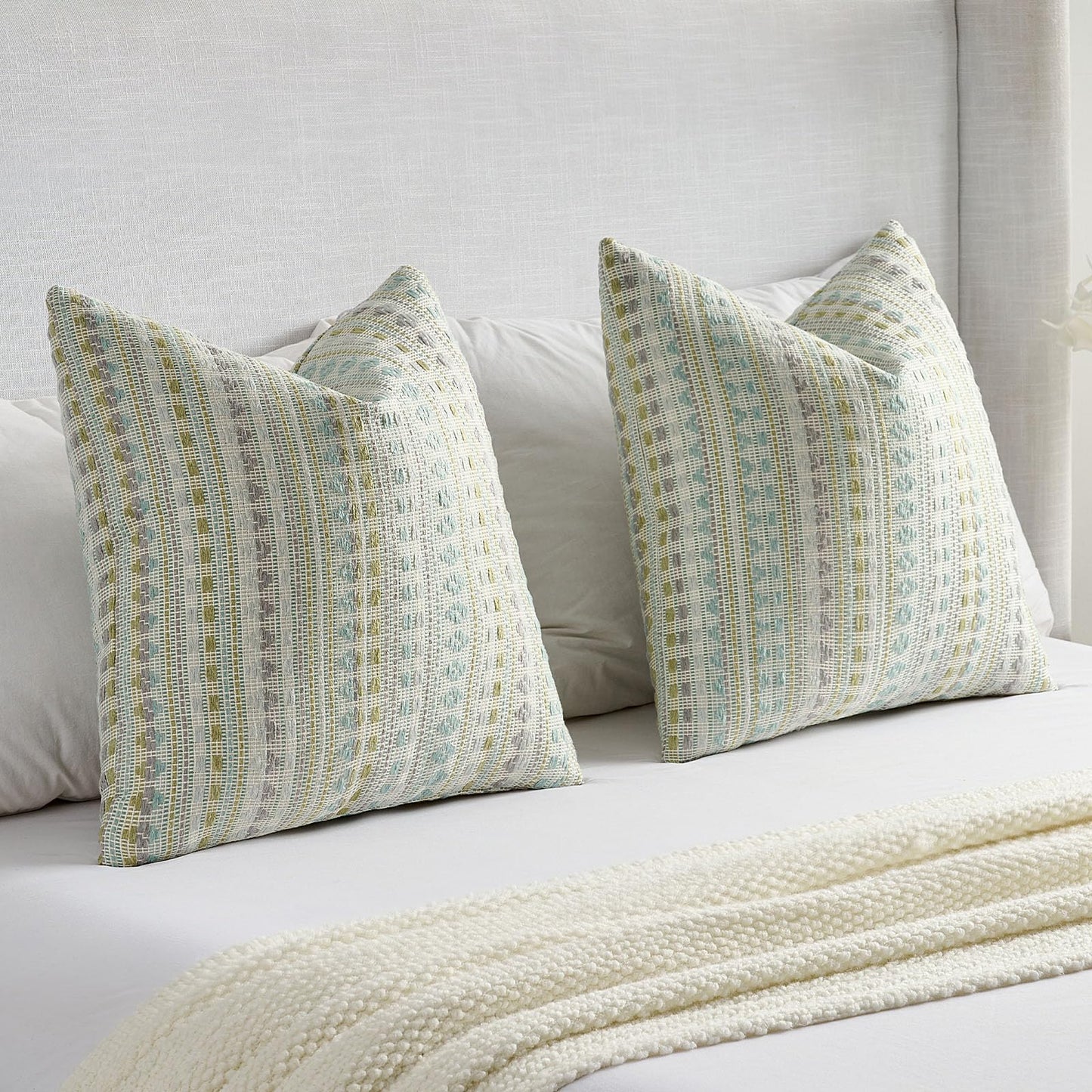 FUTEI Pack of 2 Chenille Jacquard Throw Pillow Covers 18x18 Inch Soft Cozy Woven Embroidery Decorative Cushion Case Boho Farmhouse Accent for Couch Bed Living Room, Green Blue