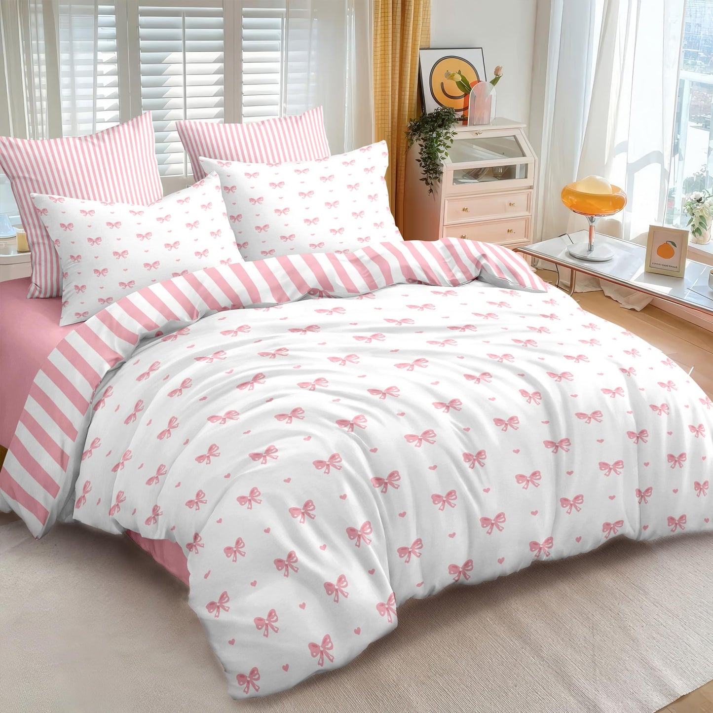 Sedefen Bow Duvet Cover Queen Size Pink Striped Heart Bedding Set Cute Love Heart Printed On White Comforter Cover with Zipper Closure Soft Breathable Microfiber for Kids Girls