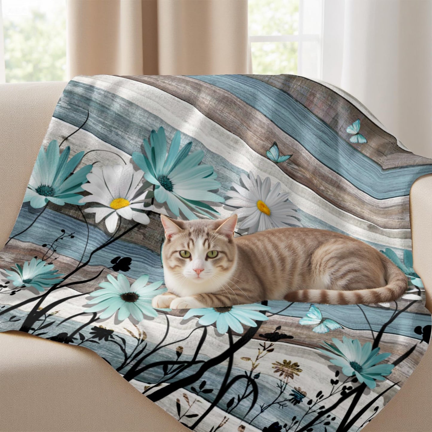 Arktrident Daisy Floral Throw Blanket Rustic Wood Lightweight Cozy Fuzzy Plush Couch Cover Flannel Fleece Bed Blankets for Bedroom Living Room 50"X60"