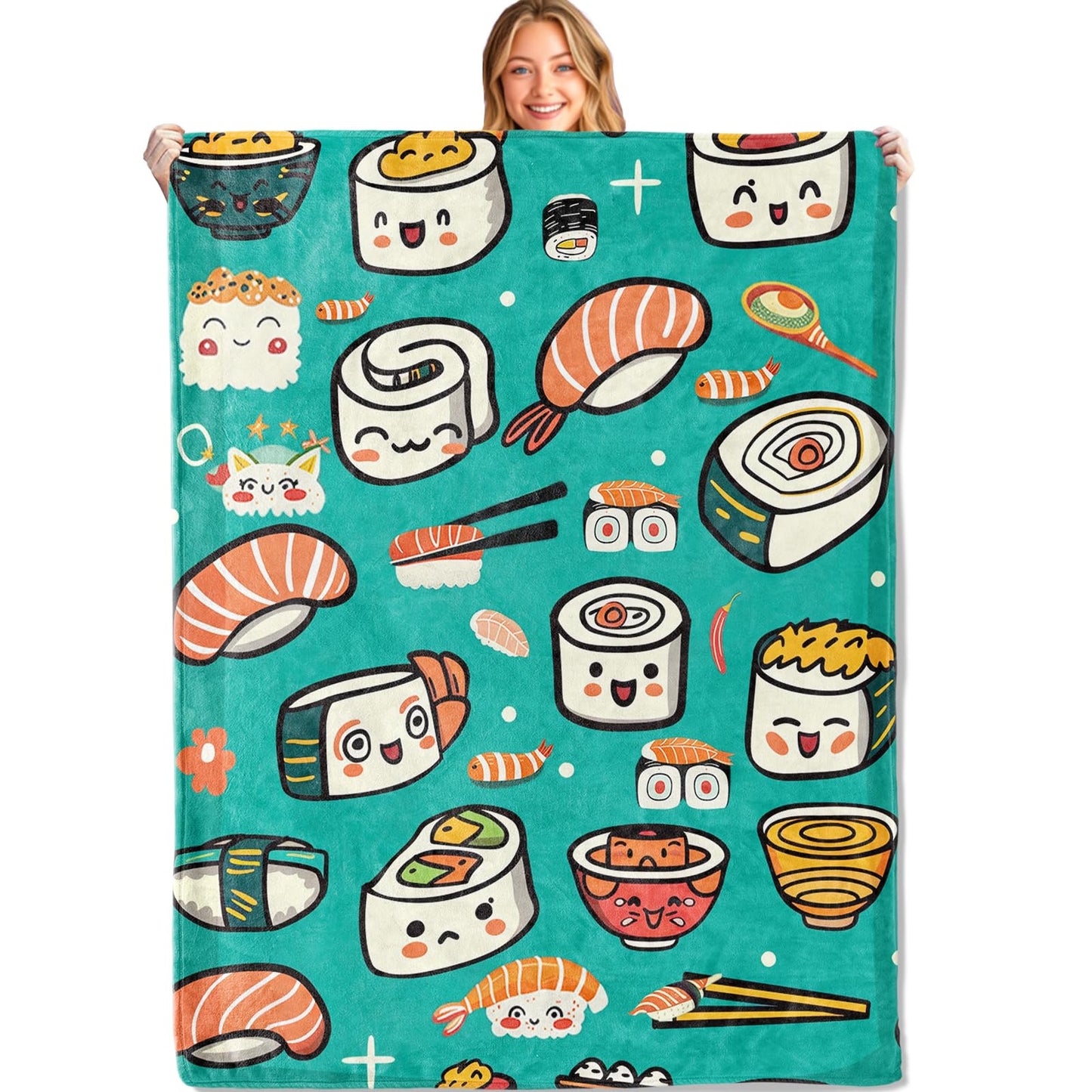 MIEPOS Cute Sushi and Ramen Throw Blanket,50x60in,Soft,Lightweight Flannel,Japanese Food Blankets - Gifts for Kids,for Couch Office Travel,Home Living Room Bed Decor
