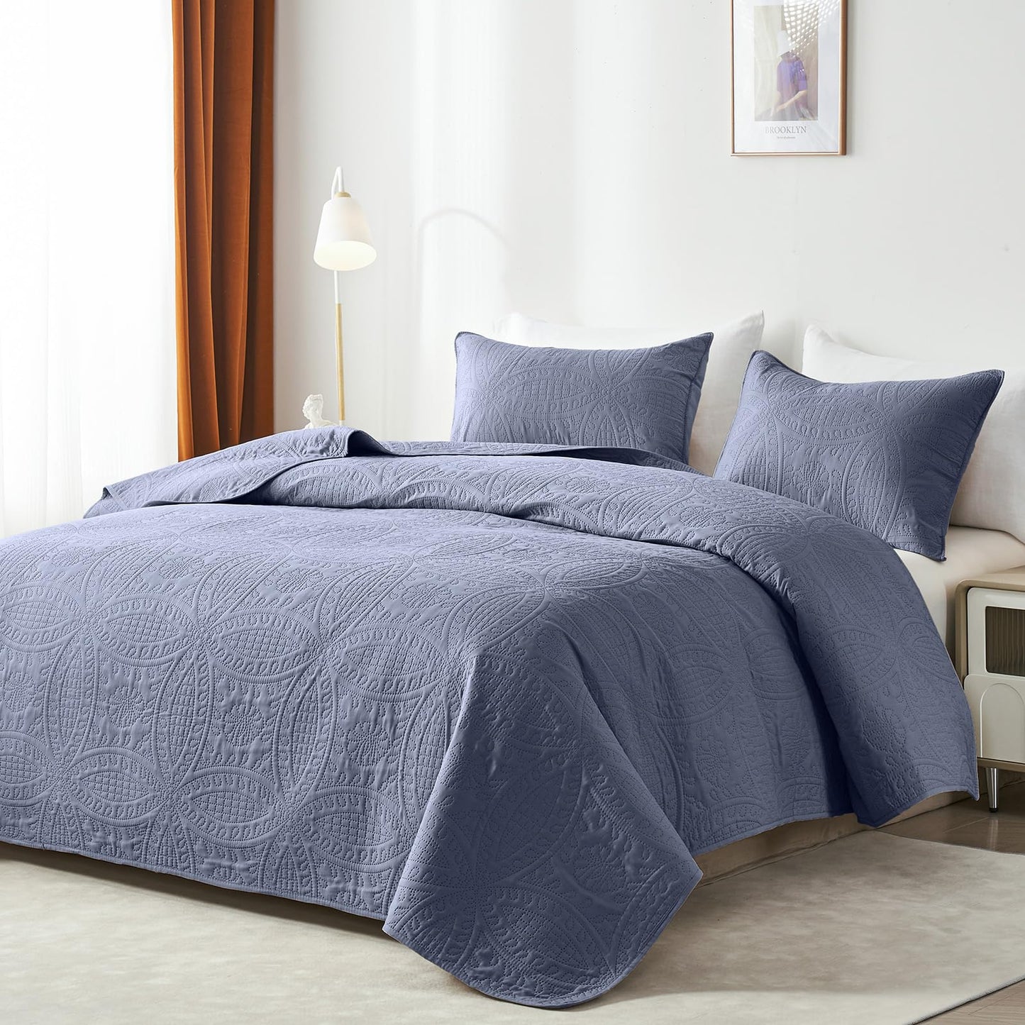 akkialla Quilts Queen Size,Bluish Grey Ultrasonic Full/Queen Quilt Set,Lightweight Soft Bedspread Coverlet,Modern Style Coin Pattern Bed Cover for All Seasons,3 Piece(1 Quilt,2 Pillow Shams)