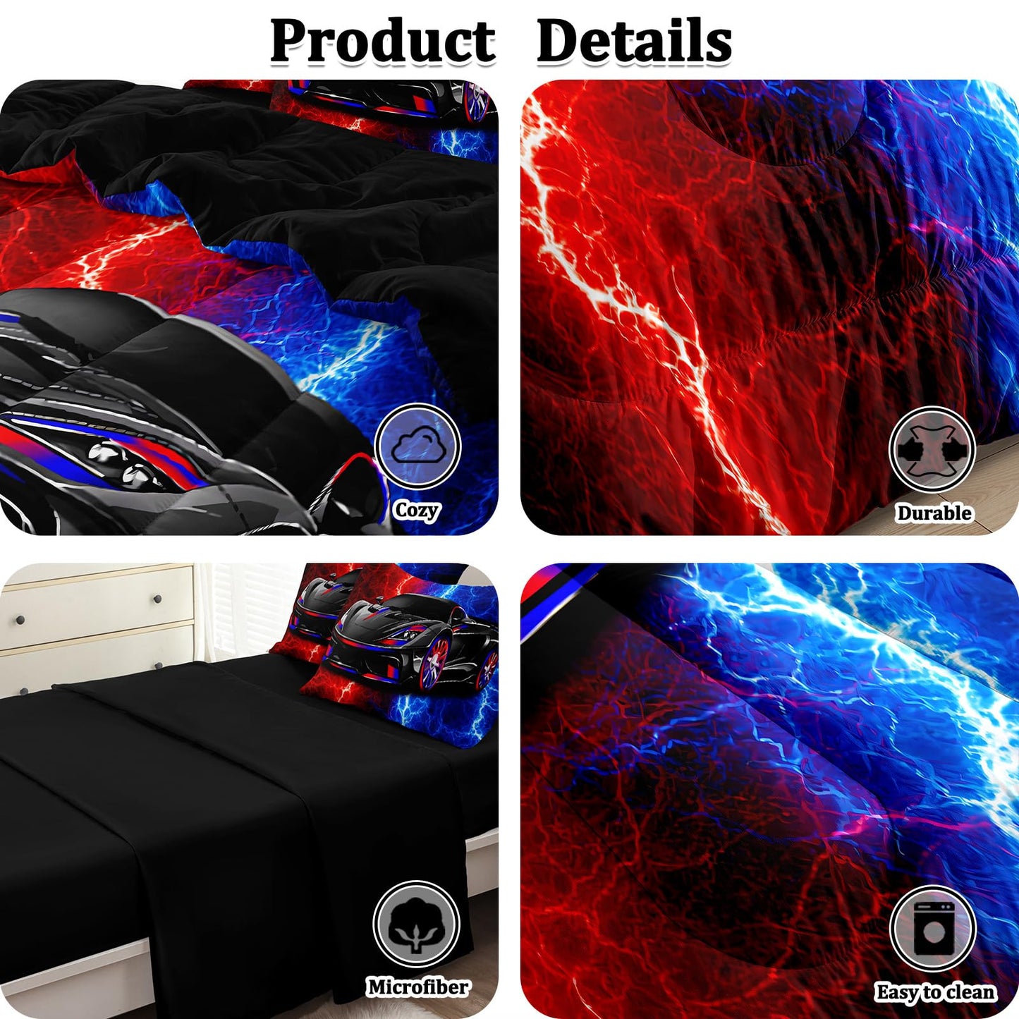 BERTSUCA 5 Pcs Car Comforter Sets for Boys, Cool Red Blue Lightnings Bed in A Bag Full Size Car Bedding Set for Boys Kids