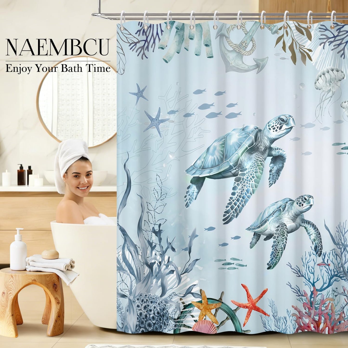 NAEMBCU Sea Turtle Shower Curtain with Hooks - 72x72 Inch Waterproof Fabric Ocean Bathroom Curtain with Coastal Marine Life Design, Bath Curtain for Beach Nautical Hotel House Decor