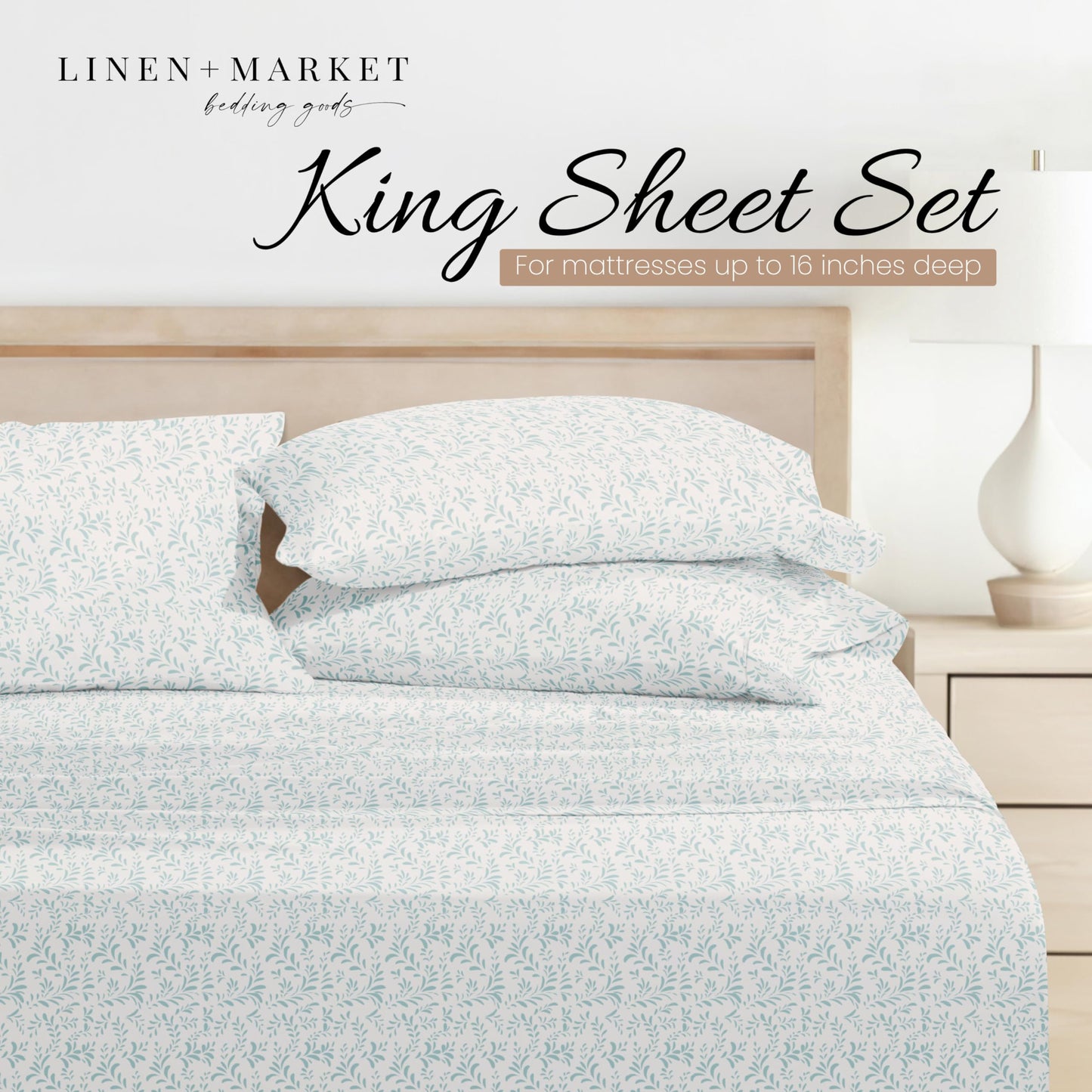 Linen Market 4 Piece King Sheet Set - Breathable, Double-Brushed Patterned Cooling Sheets – Oeko-TEX Certified Ultra Soft & Wrinkle-Free 16" Deep-Pocket King Sheets - Easy Care Burst of Vines Blue
