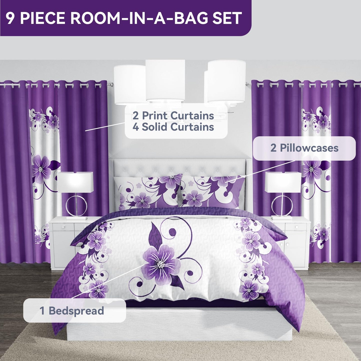 CozyCreatures Vintage Boho Purple White King Light Comforter Set, 9-Piece Bed in a Bag with Curtains, Brushed Microfiber Bedspread Set with Matching Curtains for Master Bedroom, Machine Washable