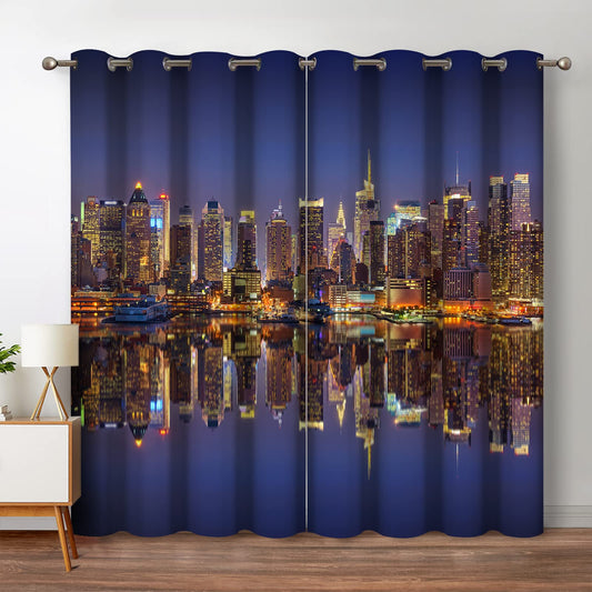 Jekeno City Landscape Blackout Curtains New York Manhattan Midnight Cityscape Ocean Reflection by The Coast Scenery Urban Decor for Bedroom Living Room Grommet Window Drapes 2 Panel Set, 52"x84"