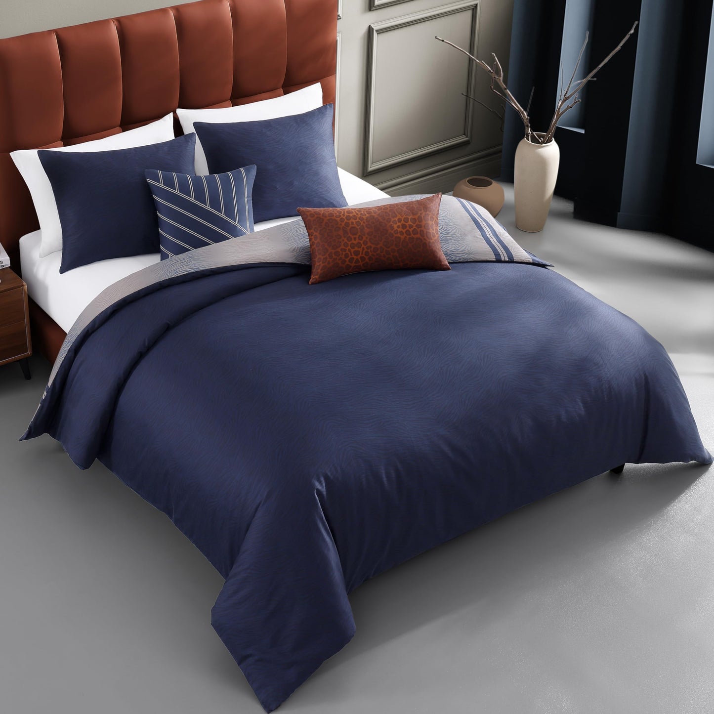 Bebejan Dark Blue Animal Prints 5 Piece Comforter Set, 100% Cotton Sateen, 220 Thread Count, Reversible Bedding Comforter Set, 1 Comforter, 2 Shams & 2 Pillows (King/Cal King)