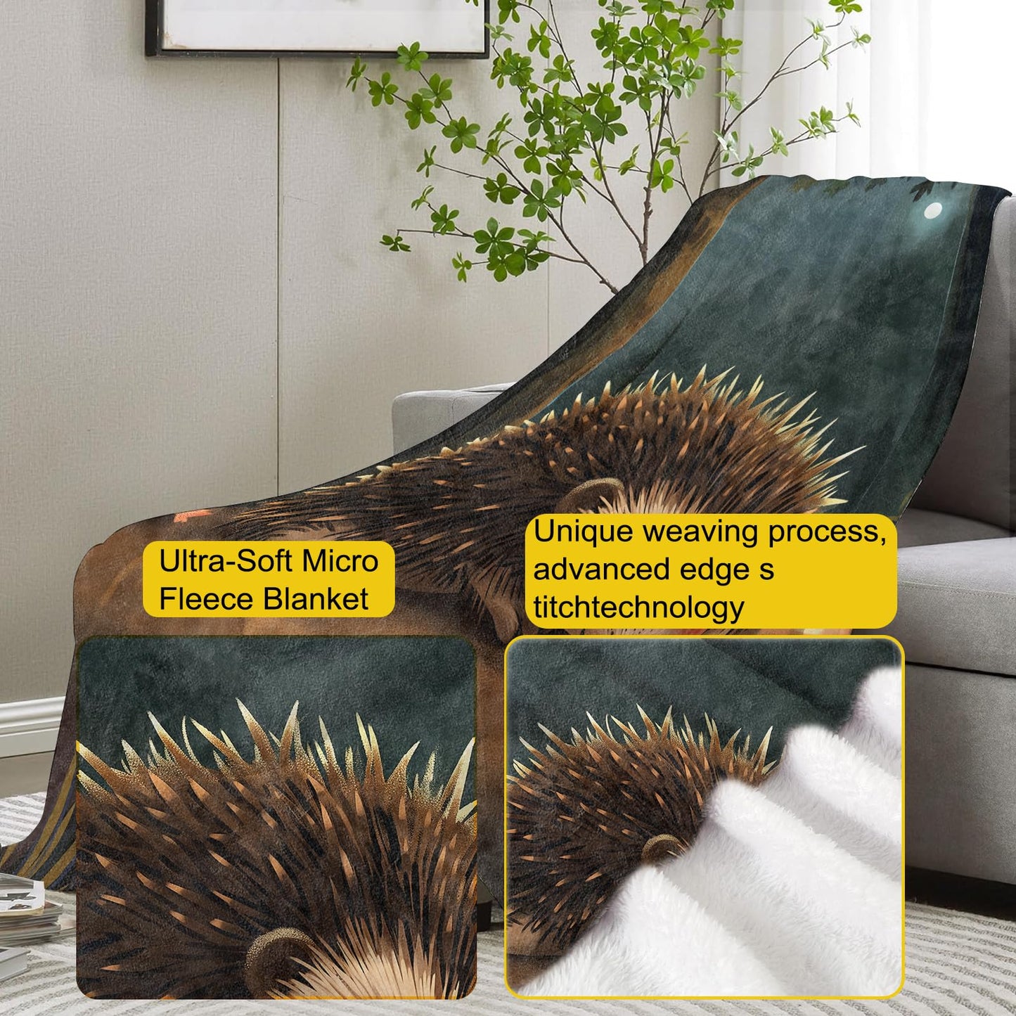 VANZEV Cute Hedgehog Flannel Blanket,Autumn Wildlife Soft Lightweight Throw Blankets Gifts for Women Animal Lovers,50" x 60" Perfect for Couch Bed Home Travel Decor