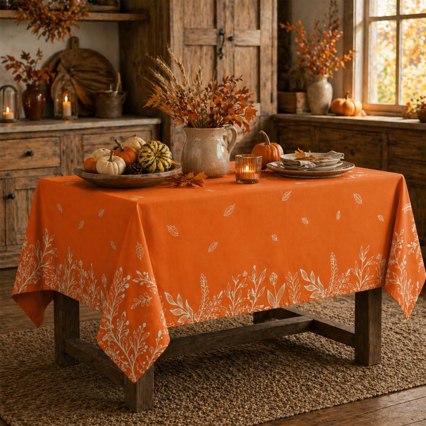 Juynyyn Fall Tablecloth 60x84 Inch Rectangular, Thanksgiving Autumn Harvest Orange Wild Flowers Table Cover for Party Picnic Dinner Decor