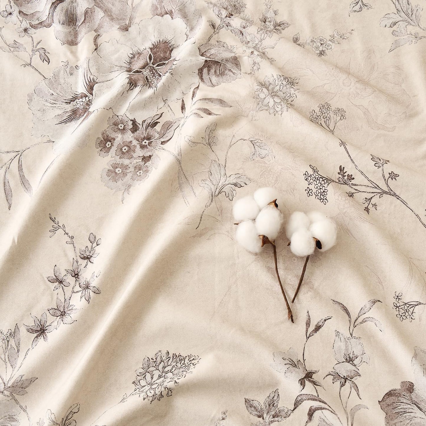 Huborise Beige King Size Sheet Set 100% Cotton Flannel-Like Warm Luxury Peony Toile Floral Bed Sheets 4Pc Deep Pocket 17.5", Double Brushed Extra Soft Breathable, Fall/Winter French Country Bedding