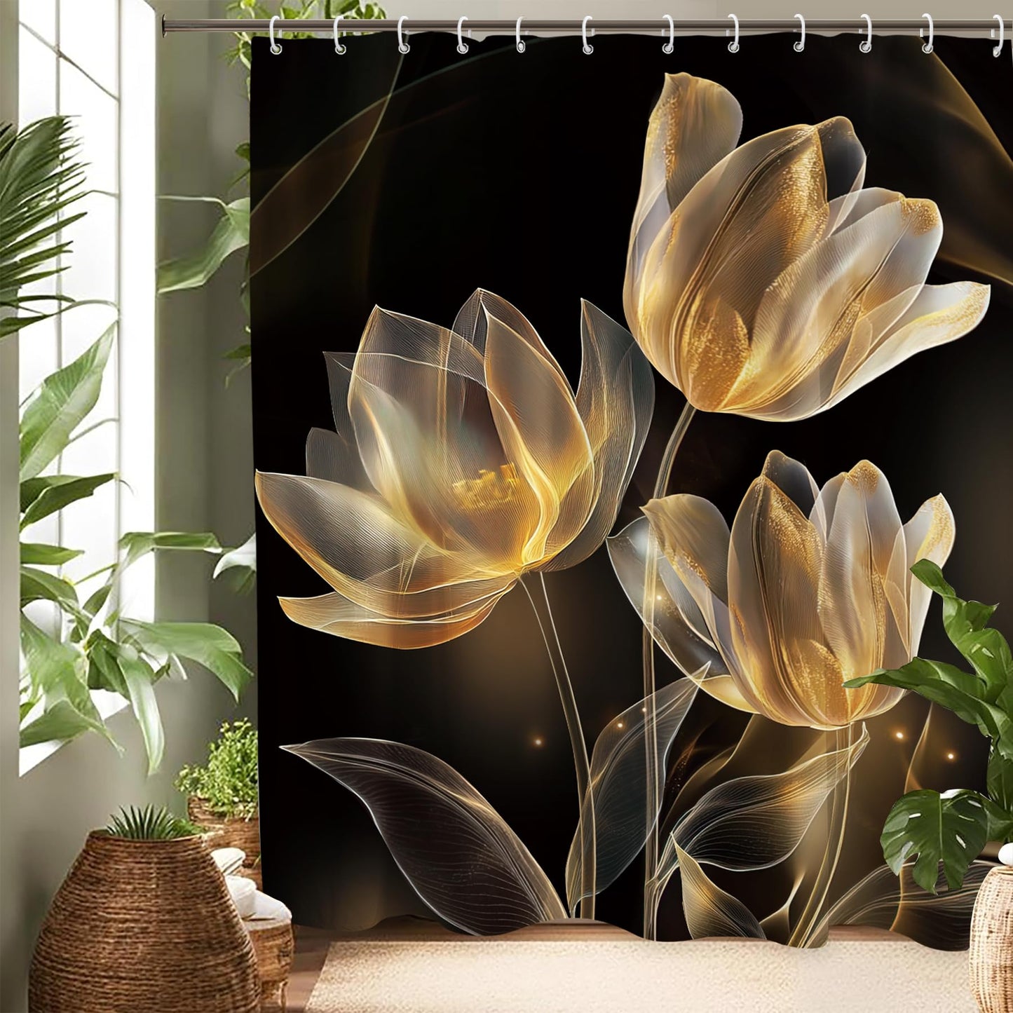 Glioown Black Gold Lotus Tulip Shower Curtain 60Wx71L, Modern Flower Blossom Shower Curtains for Bathroom Decor, Beautiful Elegant Botanical Shower Curtain Set Home Decor 12 Pack Hooks