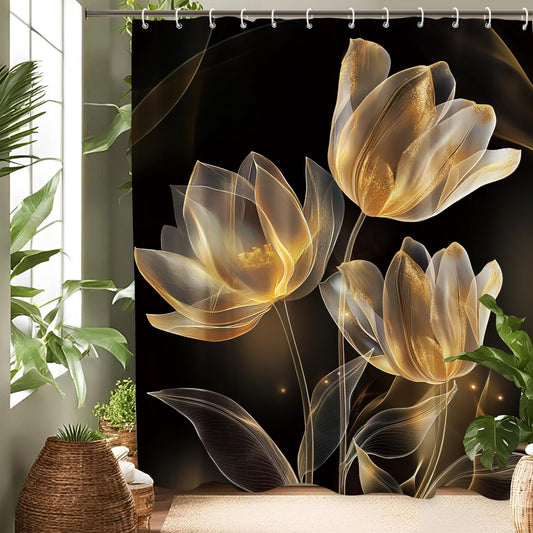 Glioown Black Gold Lotus Tulip Shower Curtain 60Wx71L, Modern Flower Blossom Shower Curtains for Bathroom Decor, Beautiful Elegant Botanical Shower Curtain Set Home Decor 12 Pack Hooks