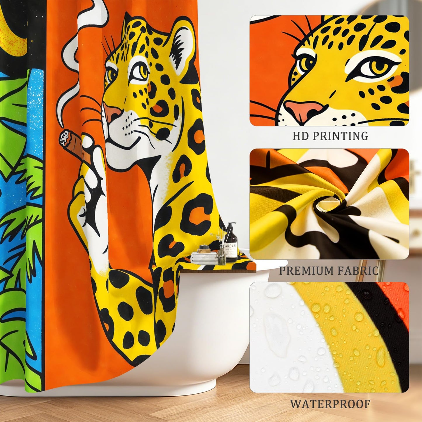GICDSU Funny Leopard Shower Curtain with Hooks, Whimsical Abstract Tropical Shower Curtain for Bathroom,Waterproof Modern Fun Unique Shower Curtain with Smoking Cheetah Palm Moon Print, 72" x 72"