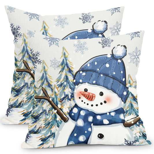 ABSOP Blue Christmas Pillow Covers 18x18 Inch Xmas Snowman Decorative Throw Pillows Set of 2 Winter Snowflake Pillow Cases for Sofa Couch Home Decor