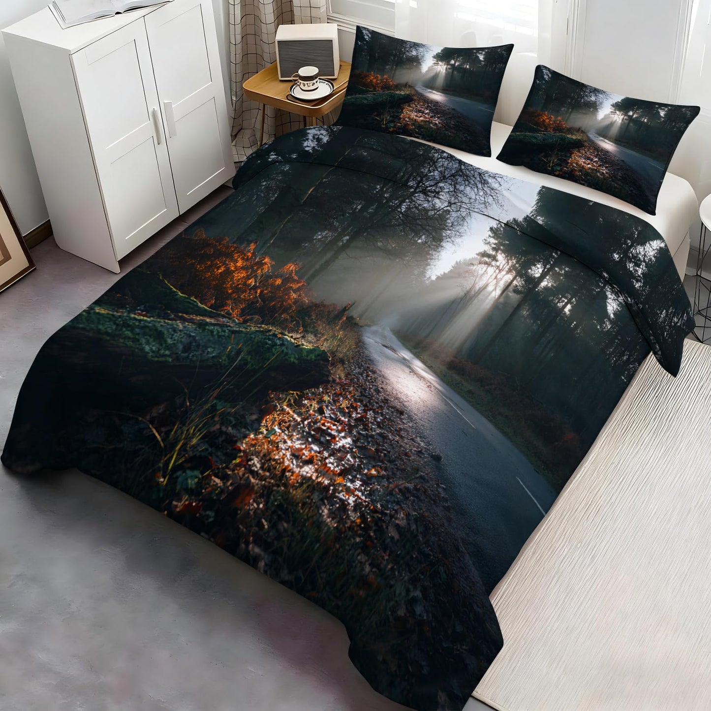 Forest Duvet Cover 80" x 90", Sunshine Forest Bedding Set, Dark Natural Landscape Comforter Cover with Zipper Ties