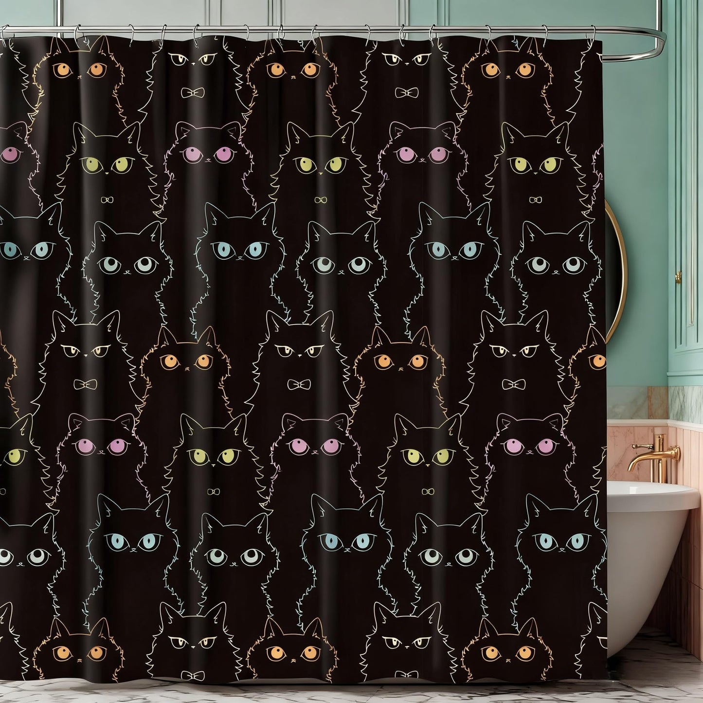 SDIII Black Cat Shower Curtain Set 72x72 Inch, Waterproof Microfiber Shower Curtain Cat Black for Cute Animal Themed Bathroom Decor Halloween