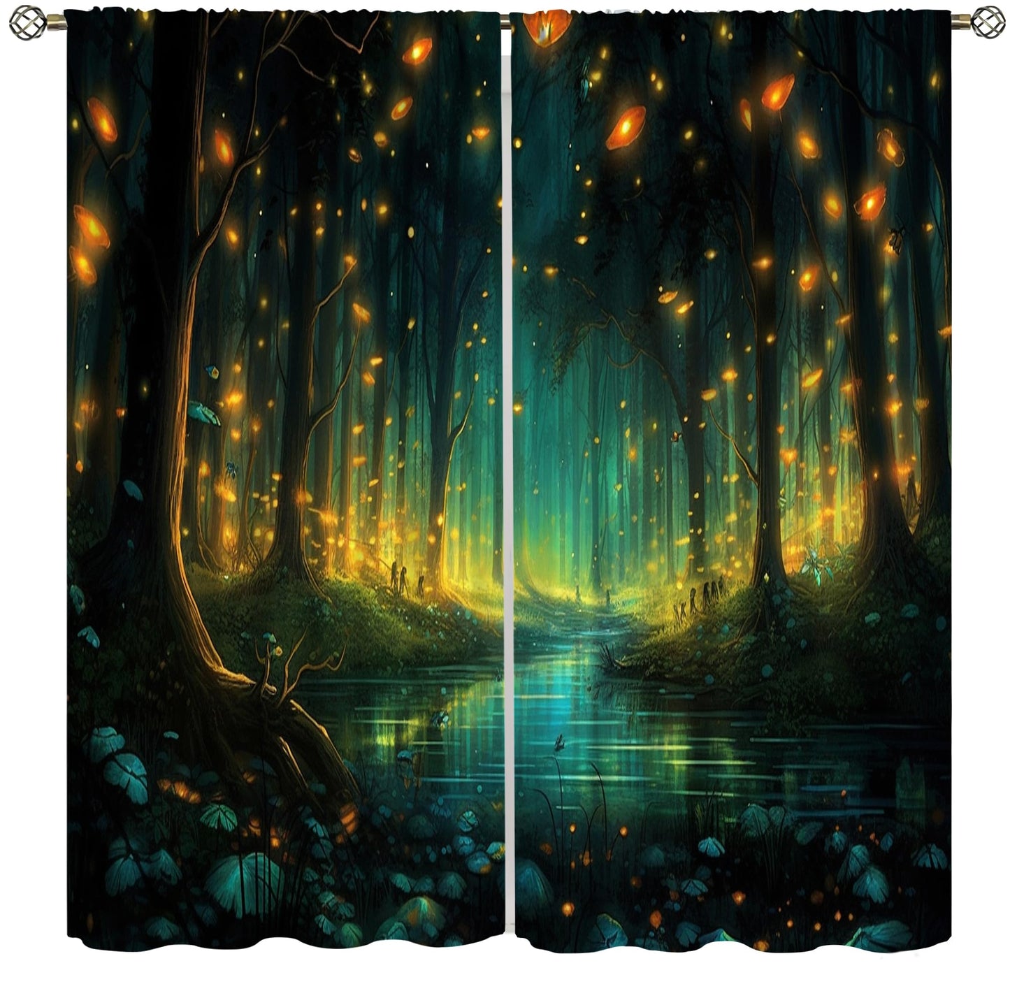 SYZWWSYX Magic Forest Window Curtains, Fantastic Trees Stream Flying Fireflies Pattern Print Drapes for Kitchen Bedroom Living Room Window Treatments 2 Panel Sets, 42x45 Inch