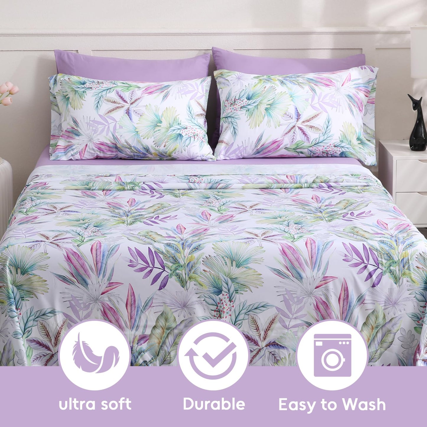 LONAVA Botaincal King Size 6 Pcs Sheet Set, Breathable Microfiber Deep Pocket Lavender Fitted Sheets, Comfy & Breathable Patterned Flat Sheets,4 Gentle Soft Pillowcases, Tropical