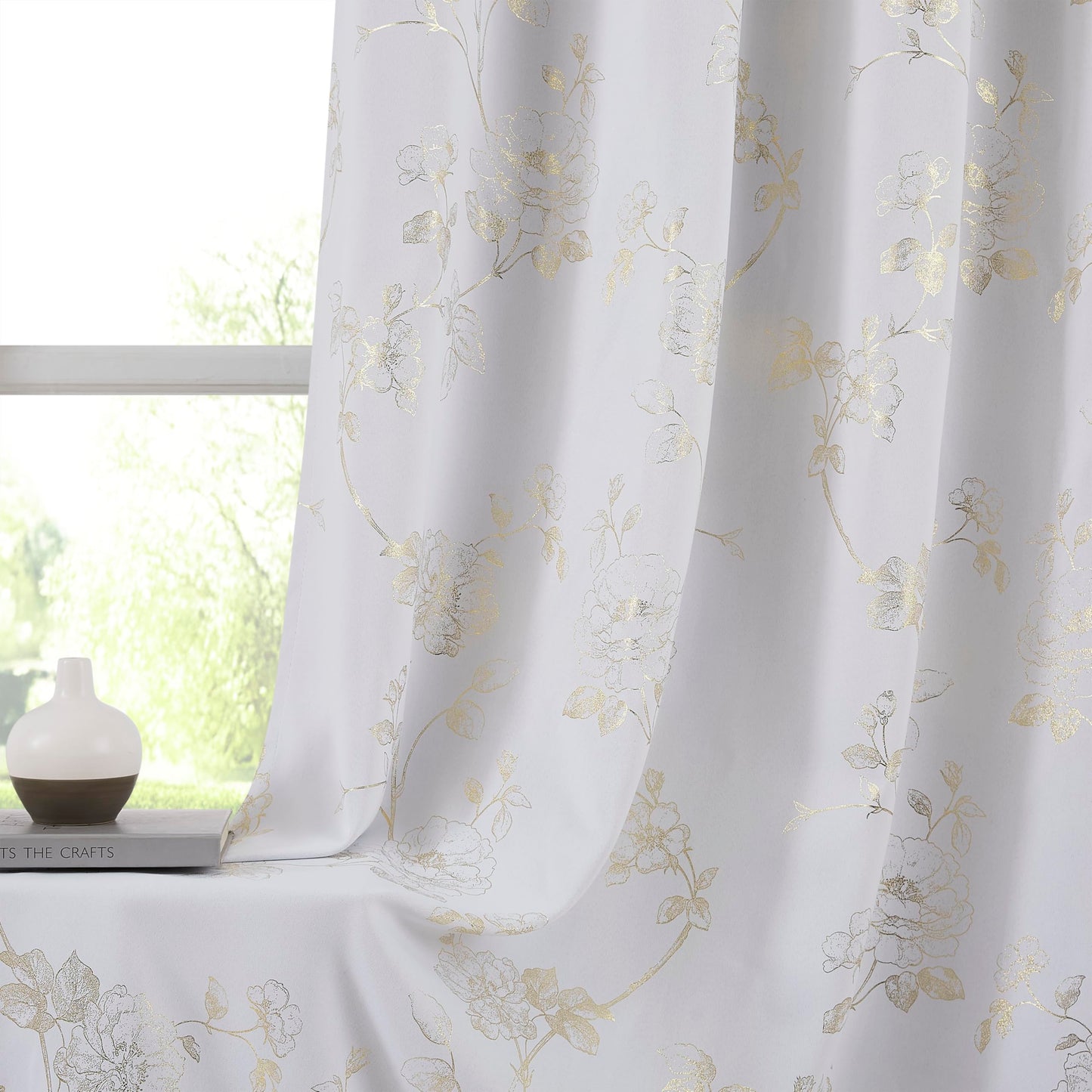 Ronaldecor Floral Full Blackout Window Curtains 84 Inches Long for Bedroom White Gold Rose Drapes Room Darkening Thermal Insulated Noise Reduction Grommet Window Treatments Sets, 52" W, 2 Panels