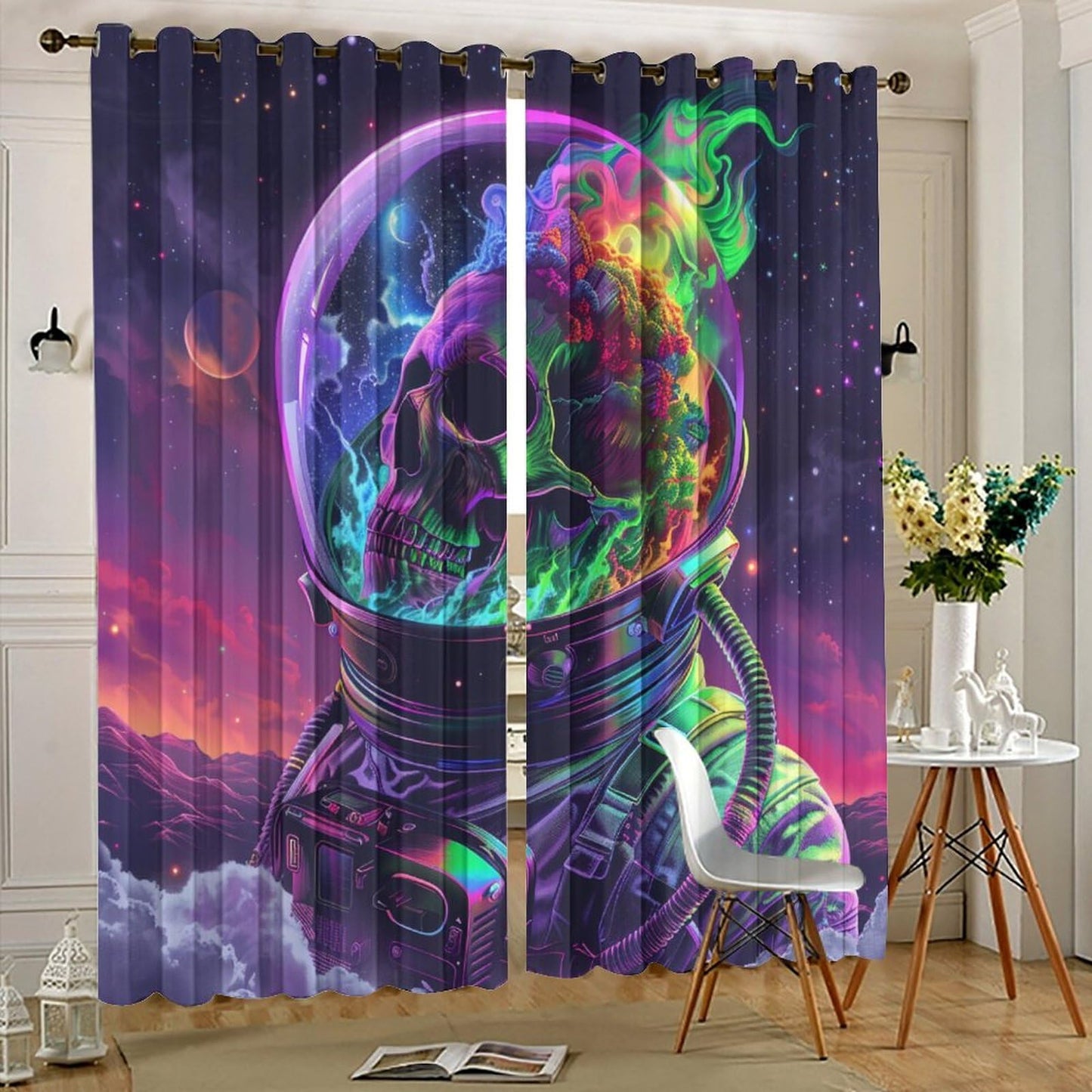 HDESDIS Mystical Horror Skull Blackout Curtains for Bedroom, Gothic Astronaut Skeleton Star Space Grommet Curtains Thermal Insulated Window Drapes for Living Room, 21W x 45L, 2 Panels