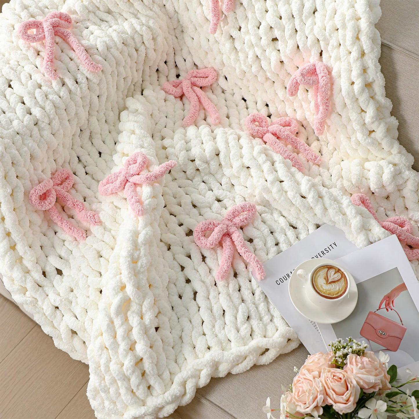 Mindsoft Pink Bow Chunky Knit Blanket Throw Large 50" X 60" 100% Handmade Cream Chenille Loop Yarn Fluffy Soft Knitted Throw Big Cozy Thick Cable Knit Crochet Blanket for Couch Sofa Bed