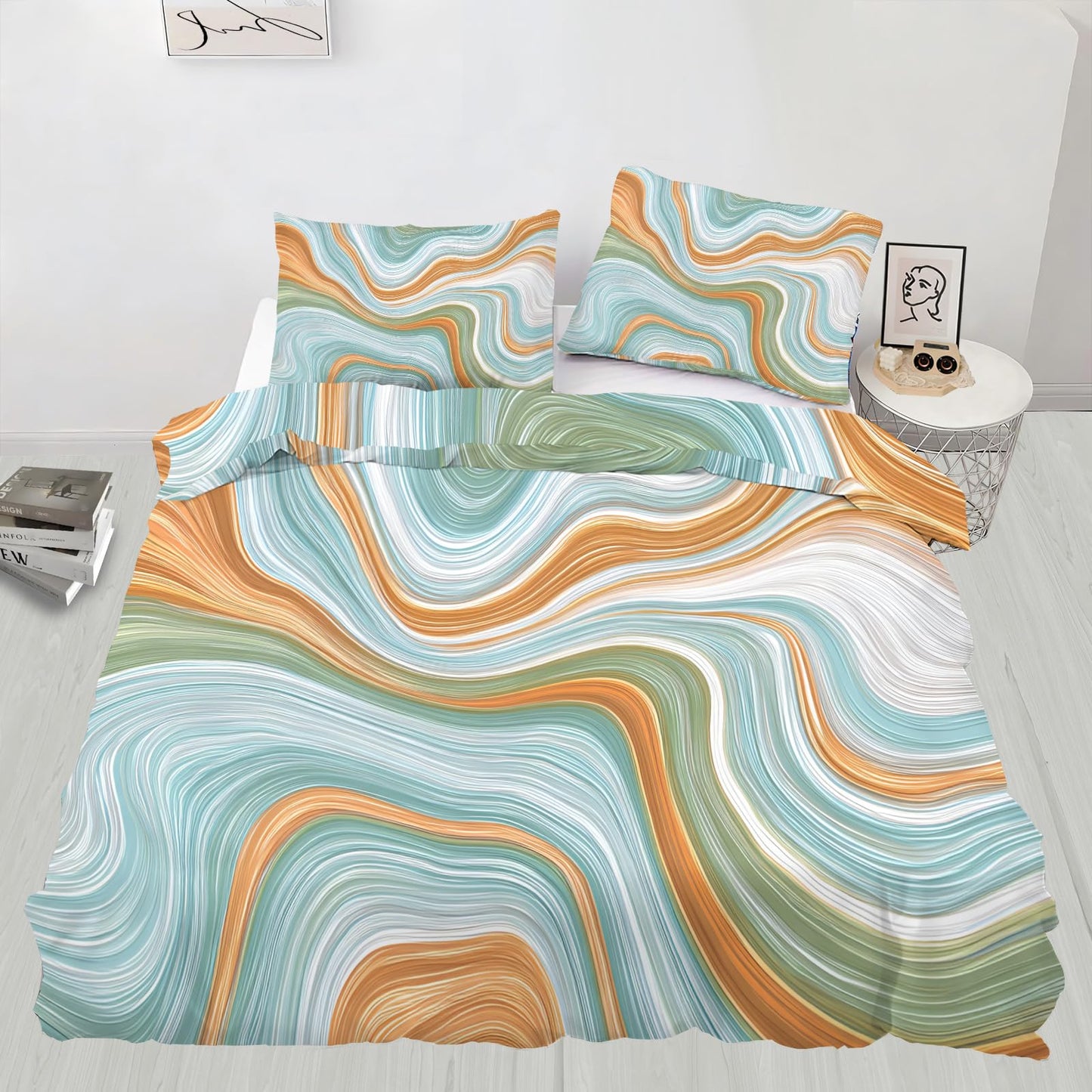 QINYUN Modern Abstract Duvet Cover California King, Flowing Lines Gradient Bedding Set 3 Piece Bedroom Decor Retro Marble Patterned Comforter Cover with Zipper Ties & 2 Pillowcases