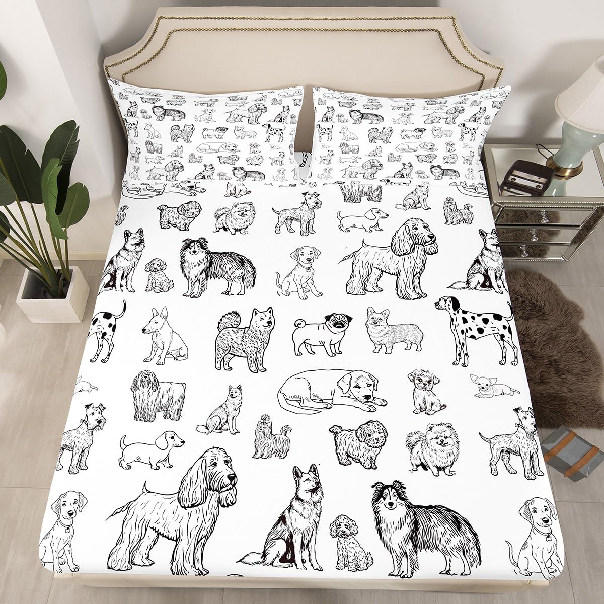 Cartoon Dog Fitted Sheet Full Size Black White Dog Puppy Sketch Bedding Set 3Pcs for Kids Girls Boys Adult Room Decor Cute Pet Animals Bed Sheet Soft Lightweight Deep Pocket Sheet,2 Pillowcase