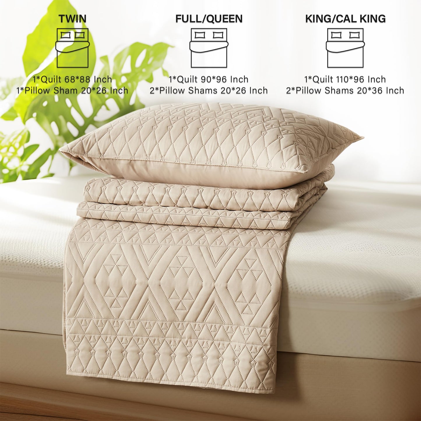 akkialla King/Cal King Size Quilt Bedding Set,Beige Lightweight Microfiber Soft Bedspread,Modern Style Geometric Pattern Coverlet Set for All Seasons,3 Piece(1 Quilt,2 Pillow Shams)