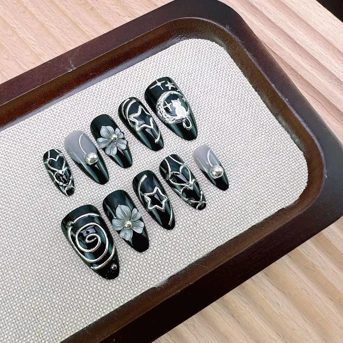 Black Chrome Press on Nails - Medium Almond Gothic Fake Nails with 3D Flower Cat Star Silver Heart Rhinestones Designs, Handmade Y2K Sweet Cool False Acrylic Nails for Women Daily Party 24Pcs Nail Kit