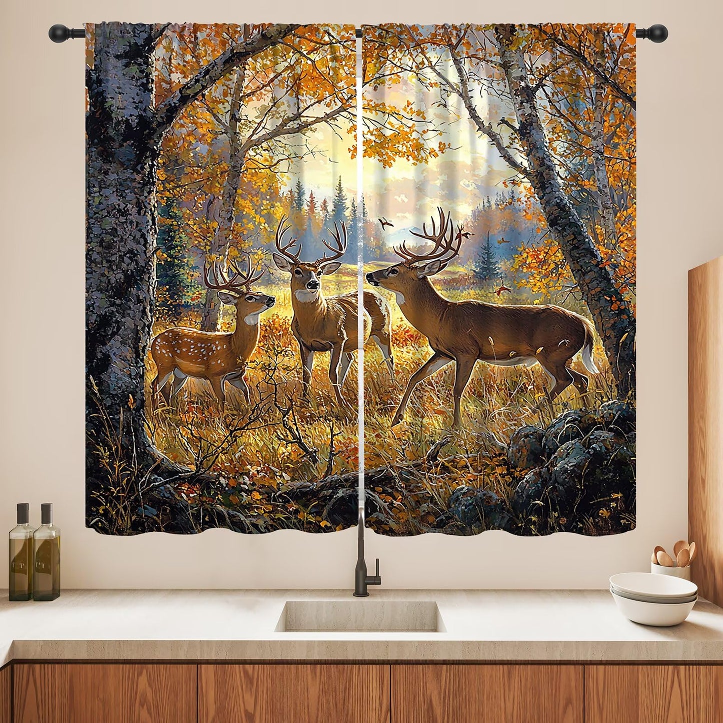 LOMADIA Wildlife Deer Blackout Curtains, Rustic Forest Hunting Farmhouse Retro Elk Pattern Drapes Home Window Treatments Curtain for Kitchen Bedroom Living Room Decor 42" W x 45" L