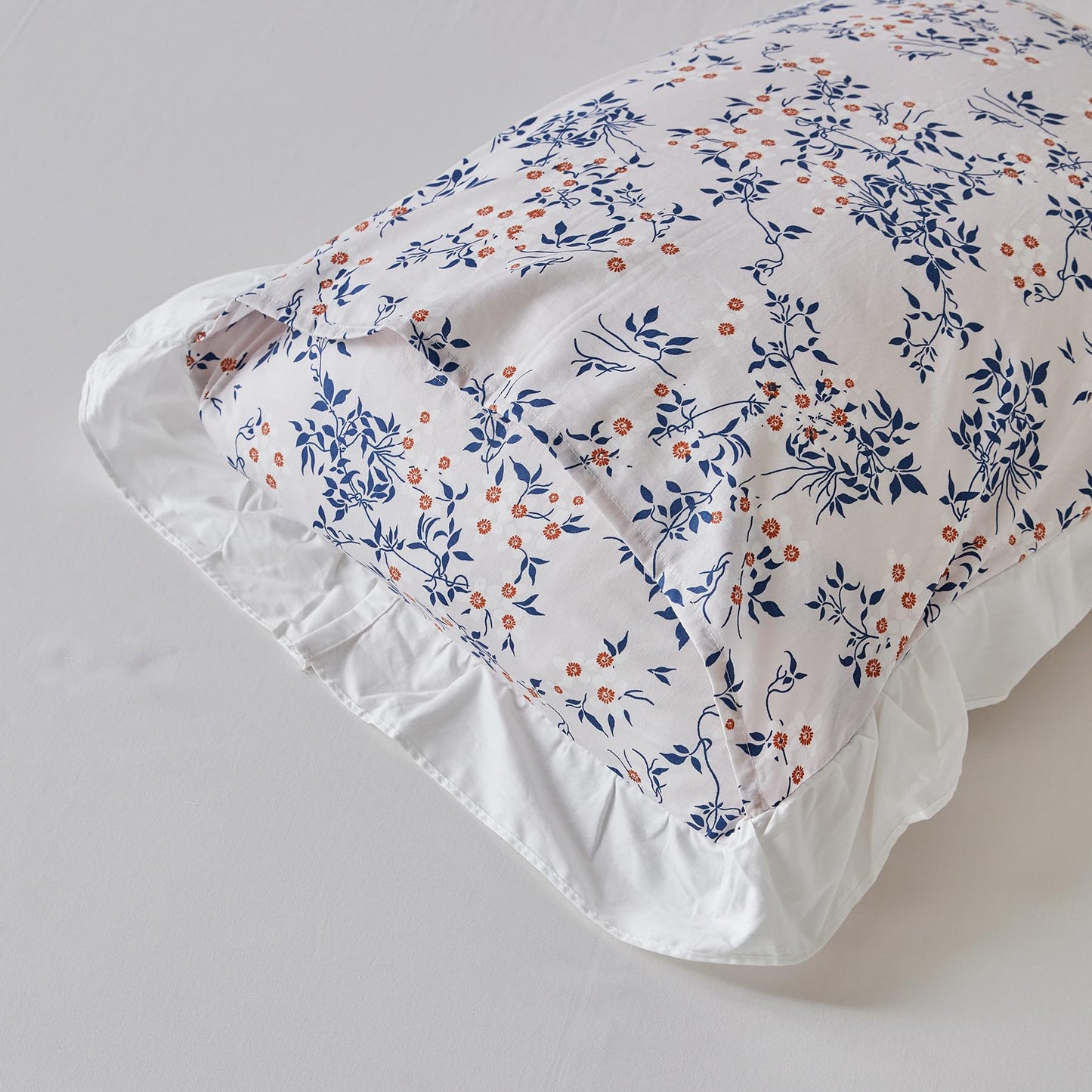 SUSYBAO Burnt Orange Floral Duvet Cover Queen 100% Cotton 3 Pcs Set 1 Farmhouse White Ruffled Duvet Cover with Zipper Ties 2 Pillow Shams Garden Blue Flower Bedding Set Soft