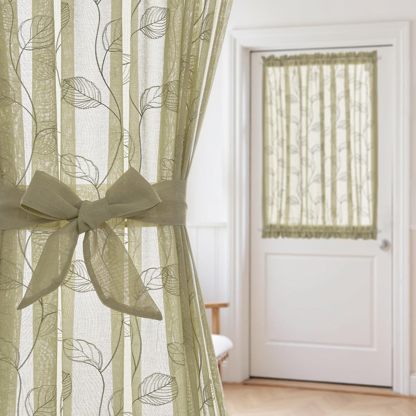 jinchan French Door Curtain Privacy Rustic Leaf Embroidered Semi Sheer Voile Front Curtain for Window Doorway Closet, Door Panel with Tieback Rod Pocket 1 Panel 55W x 40L Inch Sage Green