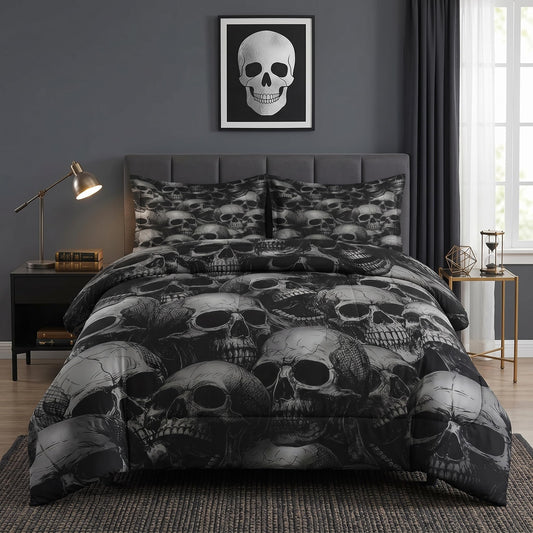 Pamnest Comforter Set Queen Size, Skull Skeleton Soft 3 Pcs Bedding for Kids and Adults, Spooky Horror Gothic Comforter Set with 2 Pillowcases, for Bedroom Bed Decor