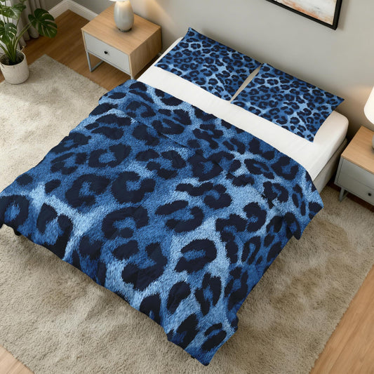TANCAPRIUM Blue Leopard Print Comforter Set Twin - Animal Print Bedding Set & 2 Pilow Cases for All Season - Soft Reversible Down Alternative 3 Piece. Animal Skin Bedrom Decor