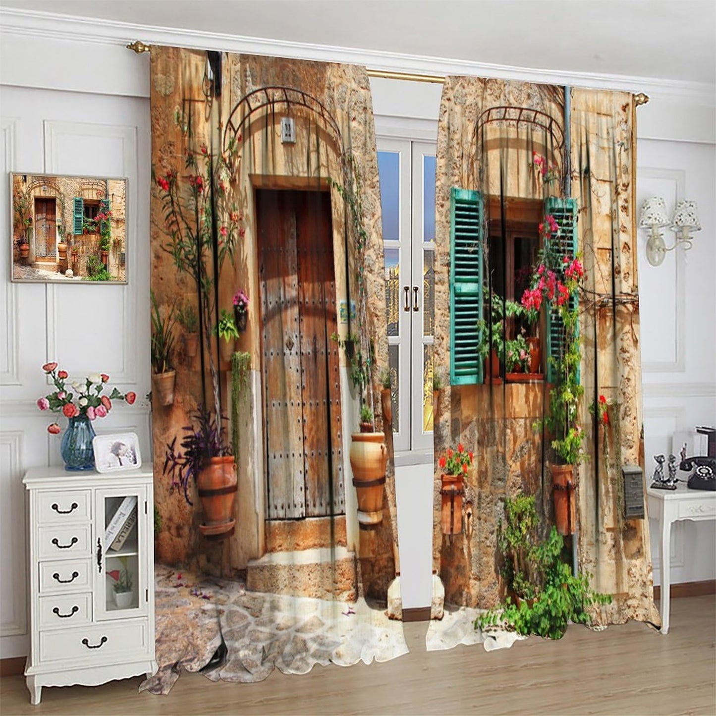 AAVEUP Italian Curtains for Kitchen Old Mediterranean Street Stone Rock House Floral Porches Pastoral Town Scenery Print Windows Treatments for Bedroom Living Room Bathroom 41x44.5in（No Blackout）