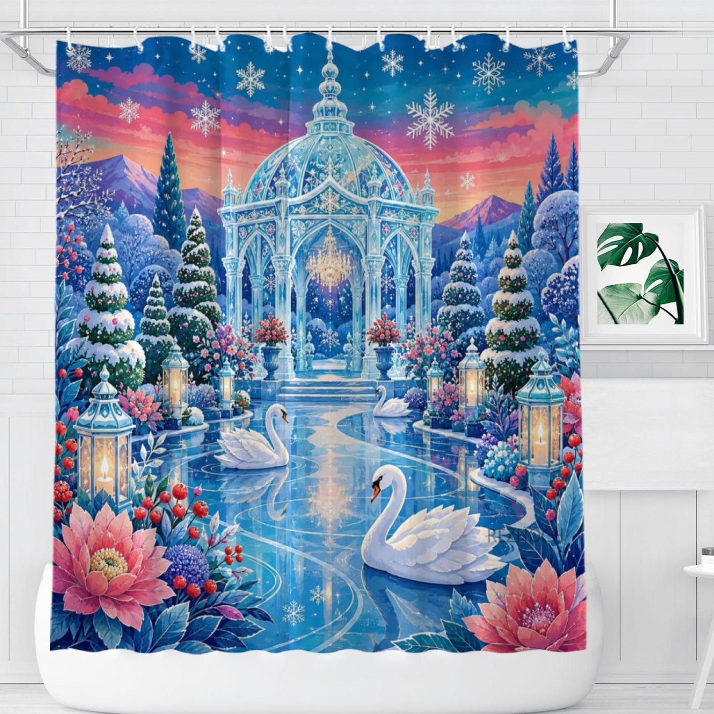 REZHOCH Frozen Swan Palace Shower Curtain 72x72 Inch,Ice Pavilion with White Swans Snowy Garden Lanterns Winter Fantasy Bathroom Decor,Bath Set with Hooks