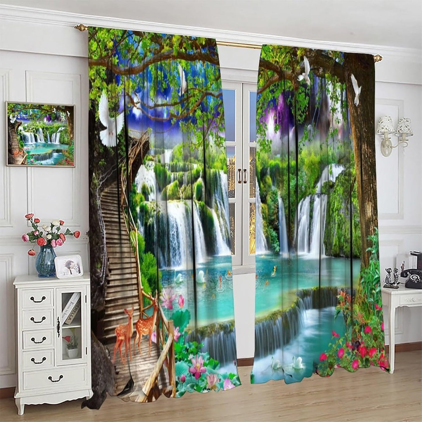 HZOHNAGO Waterfall Curtain Forest Lake Swans Deers Fishs Pigeons Fantastic Scenery Blackout Print Rod Pocket Window Drapes for Bedroom Living Room 42x45in
