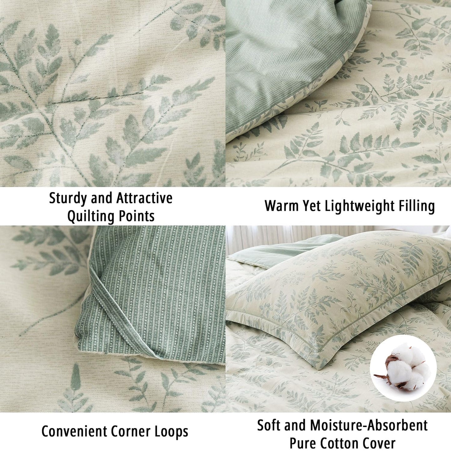 LEMIROE Botanical Cotton Comforter Queen Size - Dusty Green Comforter Printed with Luxurious Greyish-Green Ferns on Beige,Reversible Lightweight Bedding Sets 3Pcs(90"×90")